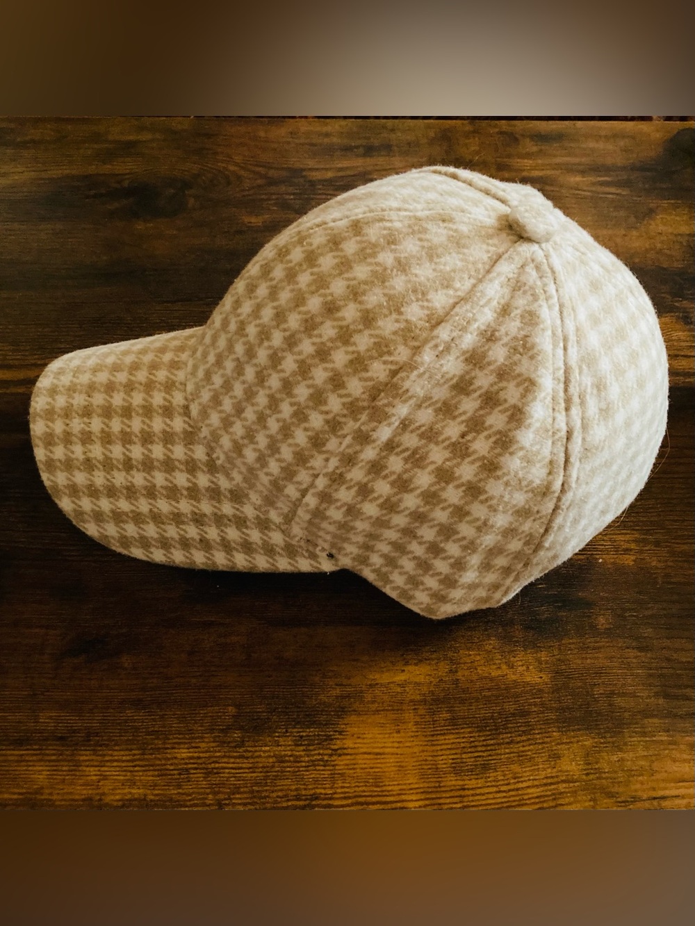 Beige Houndstooth Wool Baseball Cap